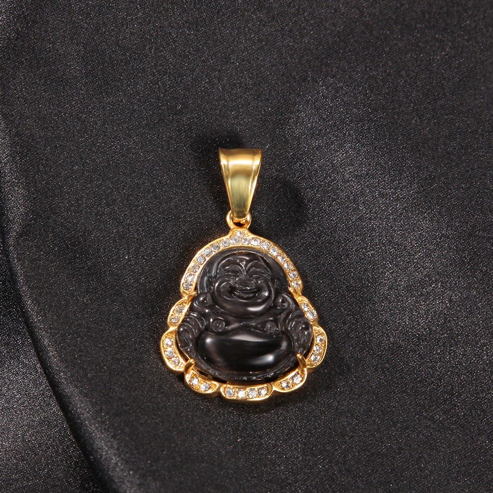 Hip Hop Stainless Steel Maitreya Buddha Pendant Necklace with Rhinestone Jewelry