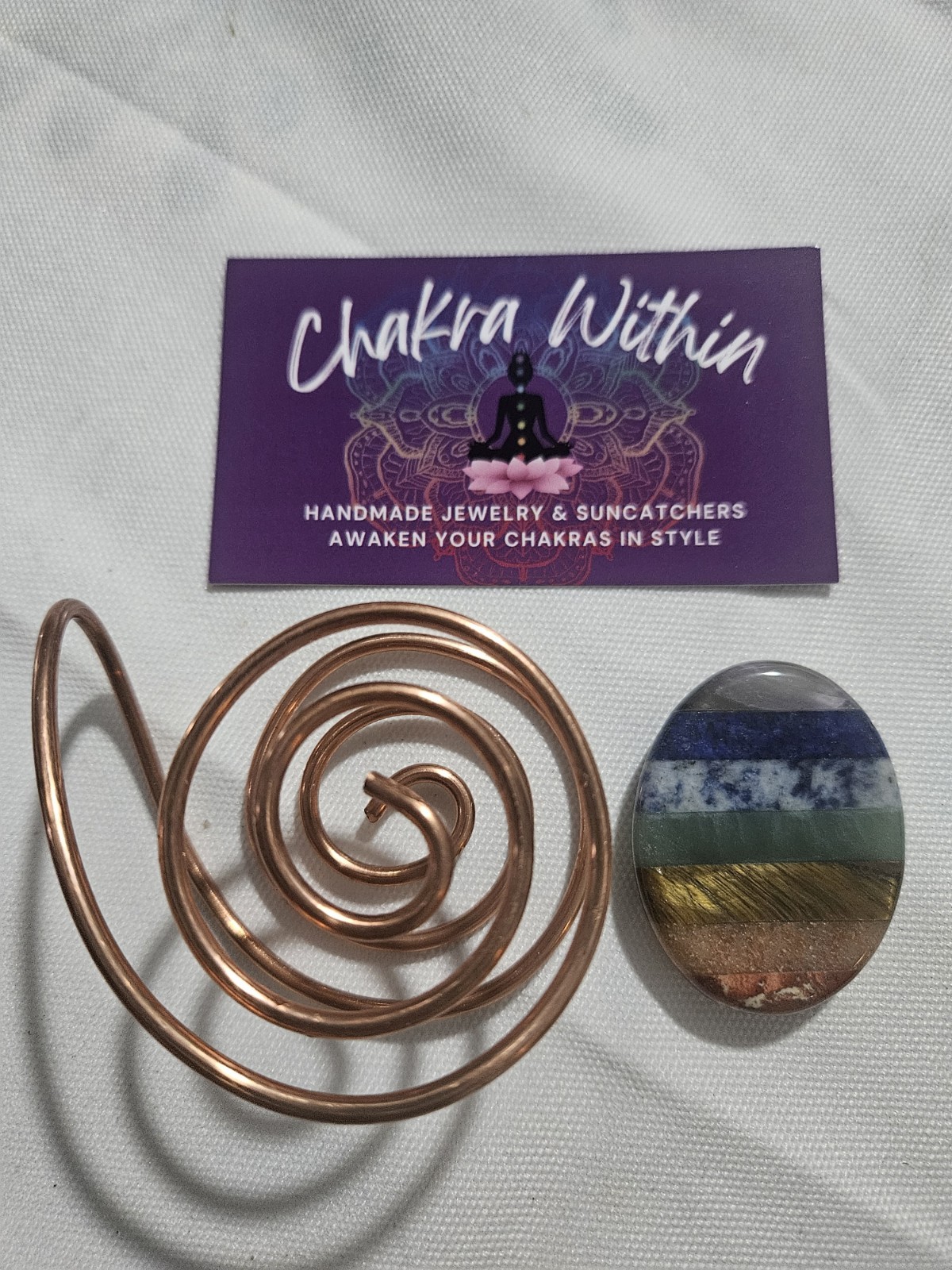 Handmade Copper Wire Spiral Palm Cuff with Chakra Worry Stone – Meditation Set
