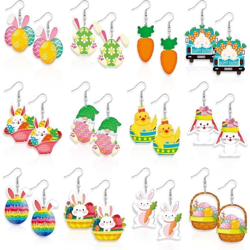 12Pair Easter Acrylic Earrings Bunny Egg Carrot Dangle Earrings for Spring Party
