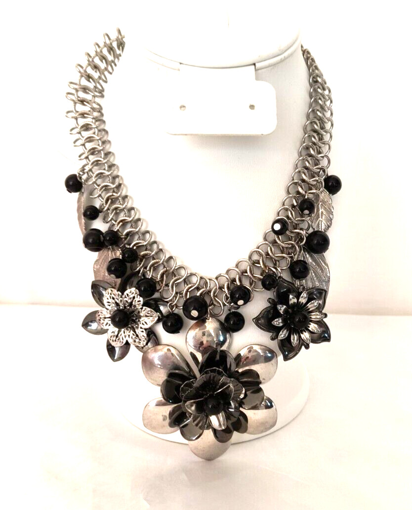 Silver Tone & Black Women’s Statement Necklace Flower Shapes Adjustable Length
