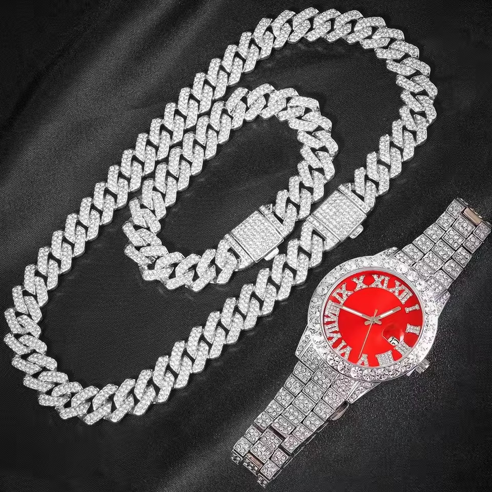 Men’s Iced Out Cuban Link Watch Set Necklace Bracelet Hip Hop Bling 3PCS