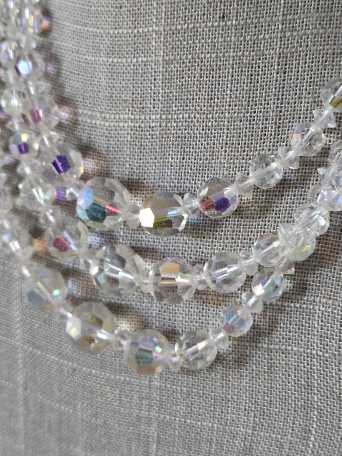 Vtg Multi Strand Aurora Borealis Necklace Faceted 15 In Crystal Flower Clasp AB
