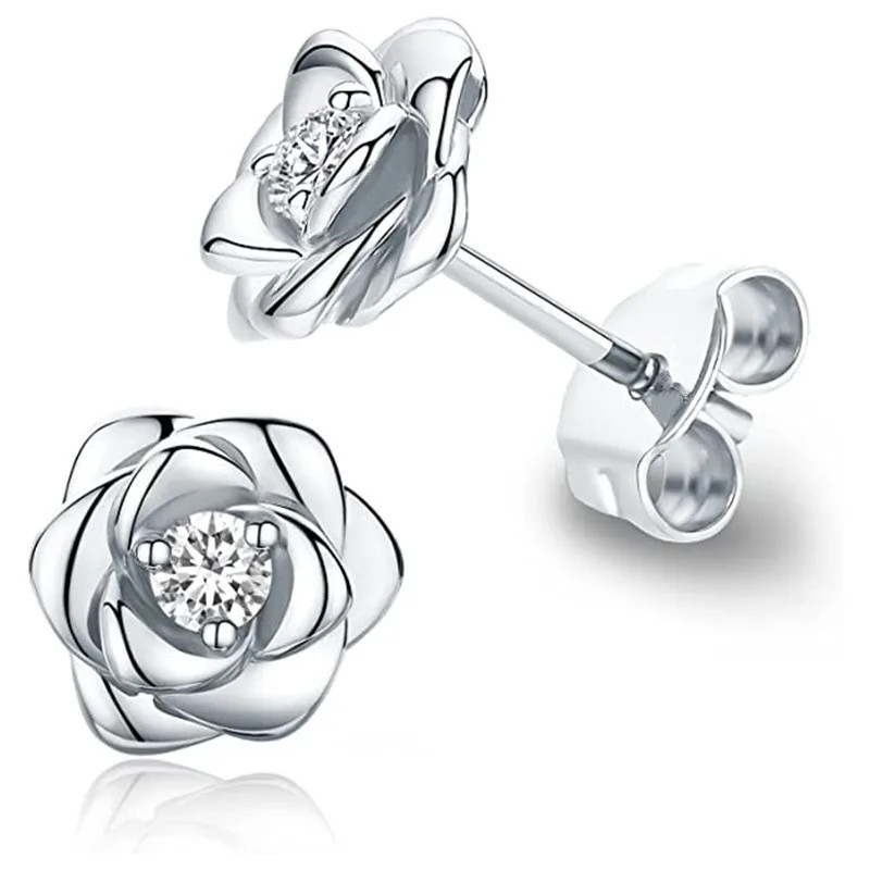 Rose Flower Stud Earrings Sparkling CZ Elegant Dangle Jewelry Women 1 Pair