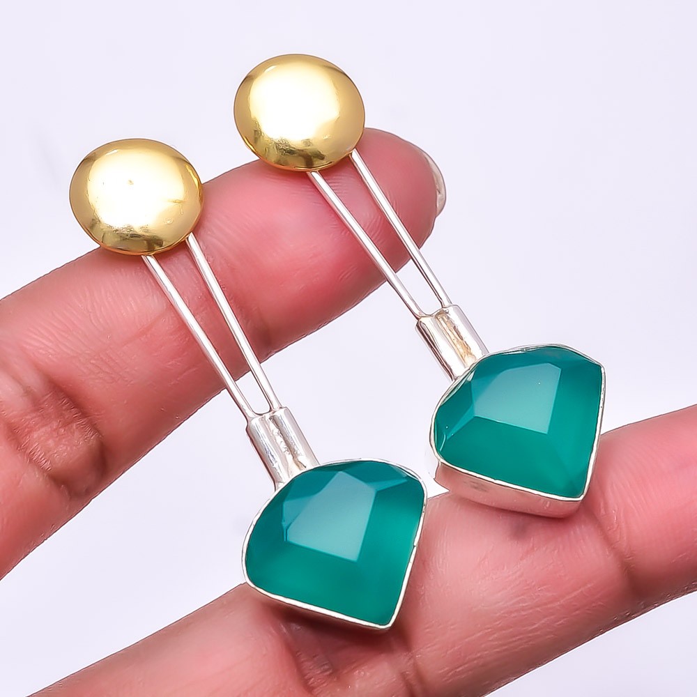Emerald Simulated 925 Sterling Silver Two Tone Earring 1.95″ E72, Christmas Gift