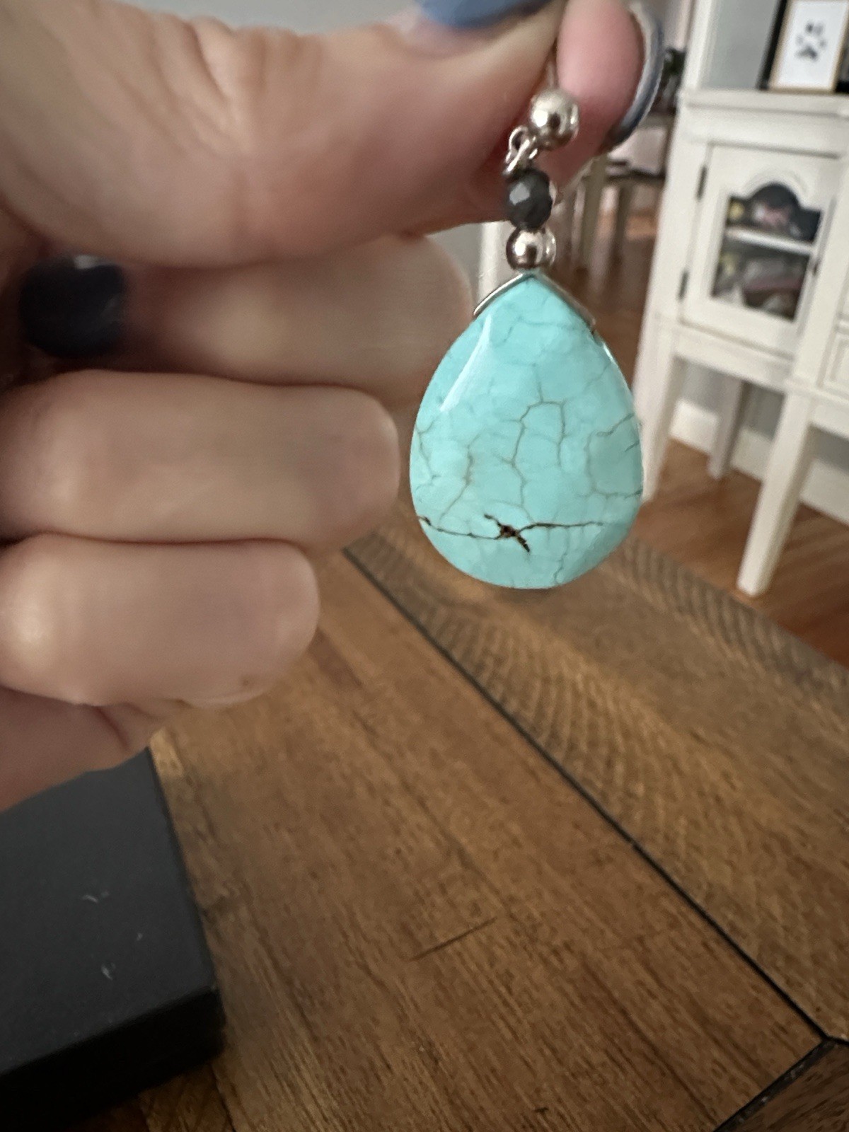 Turquoise Teardrop Dangle/Drop Earrings Hematite Accent 1 3/4 drop