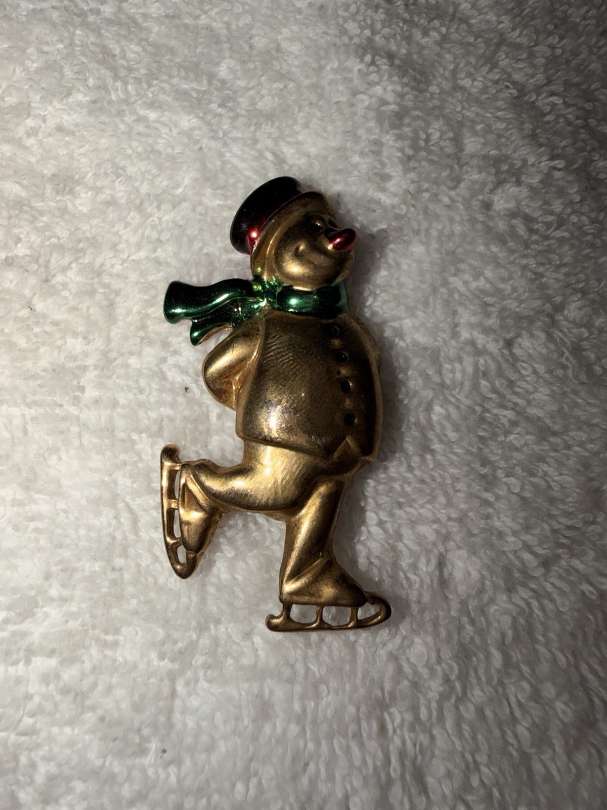 Snowman Ice Skating Brooch Pin Gold Tone Enamel Green Scarf Red Hat Christmas