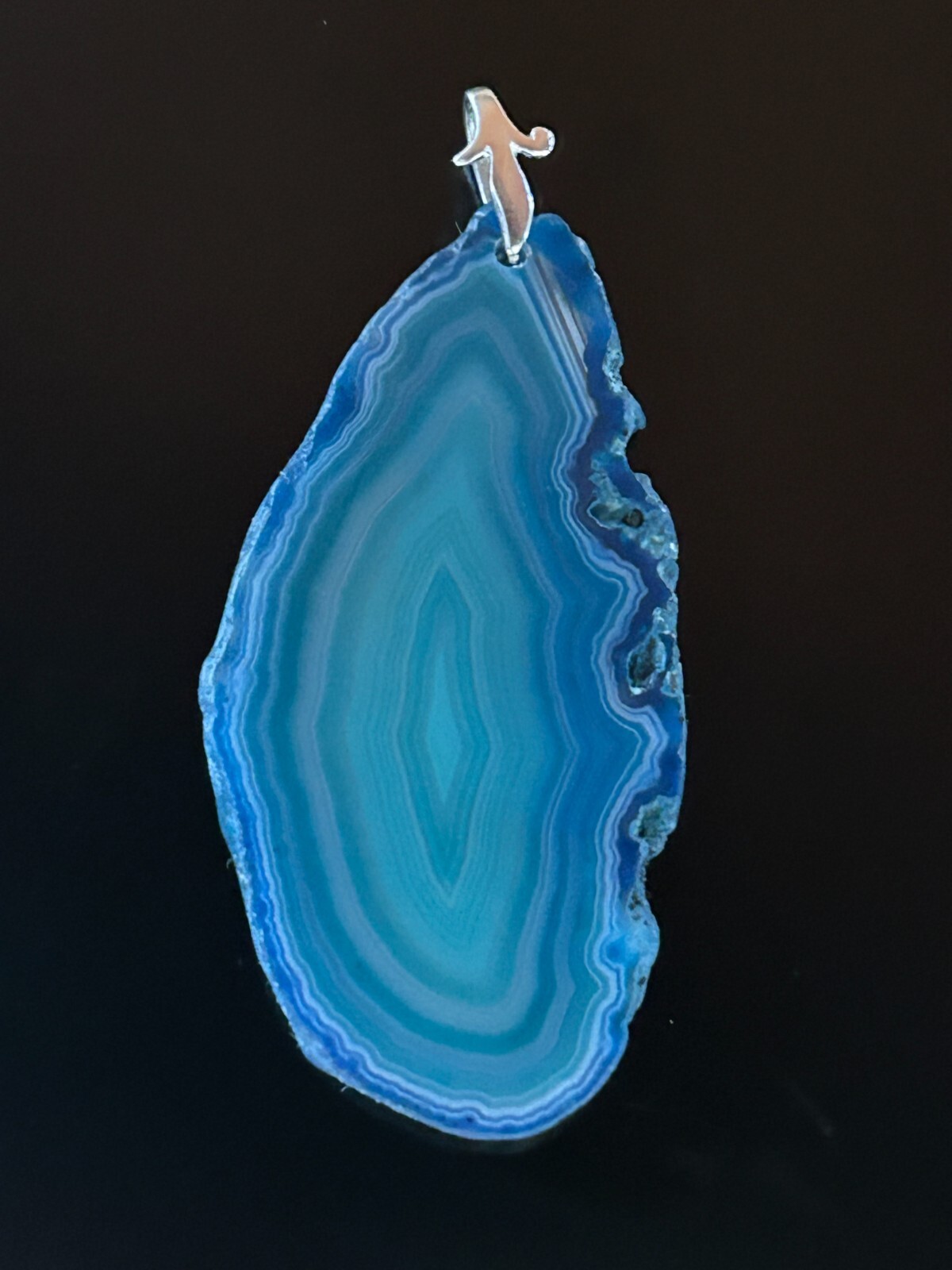 Brazilian Blue Slice Oblong Agate Pendant 2 1/2″x 1 1/2″ Silver tone bale