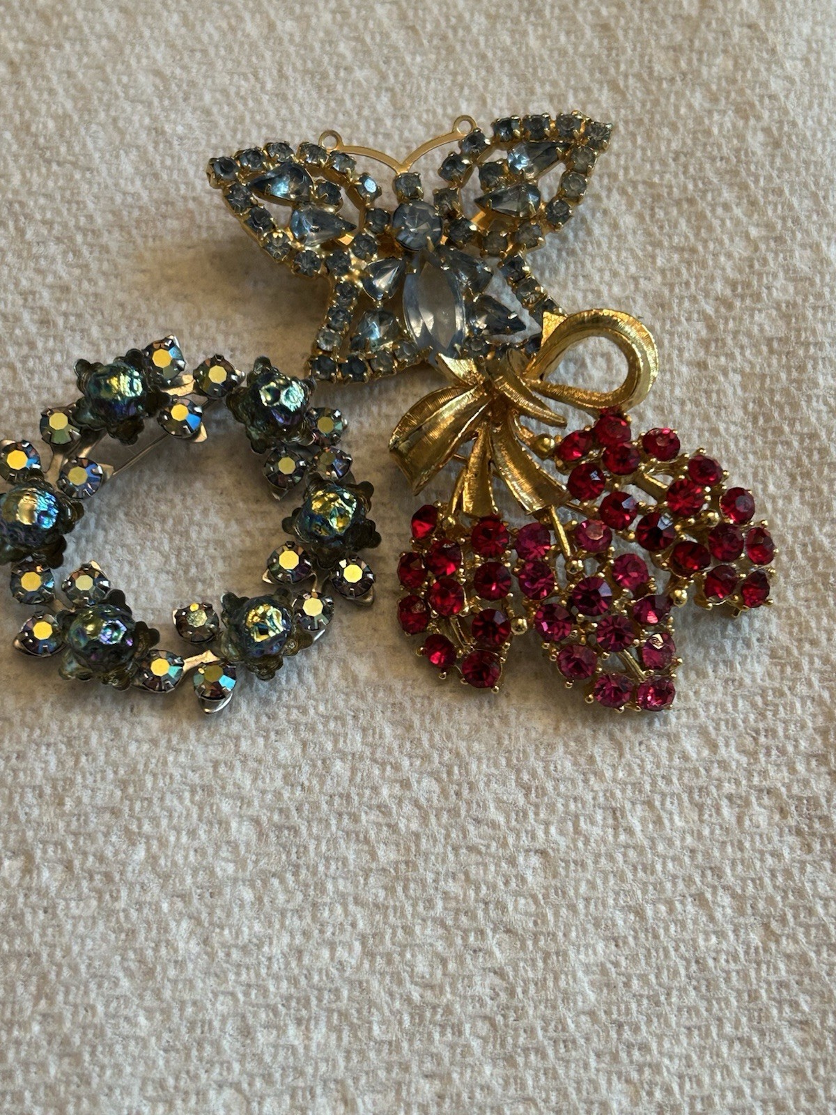 3 Fashion Jewelry Brooches Buttrfly, Round Boralis, Ruby Red Grapes