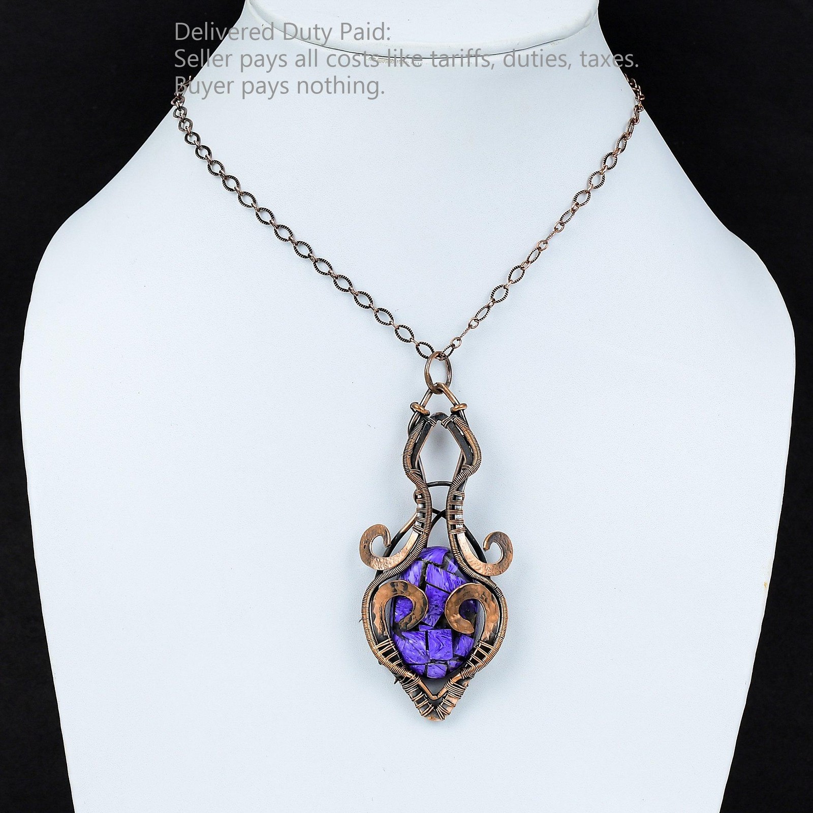 Oval Copper Russian Charoite Gemstone Anniversary Wire Wrapped Pendant Copper