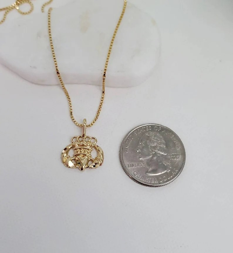 Gold Claddagh Necklace, 14k Heavy Plated Gold, 1mm Box Chain