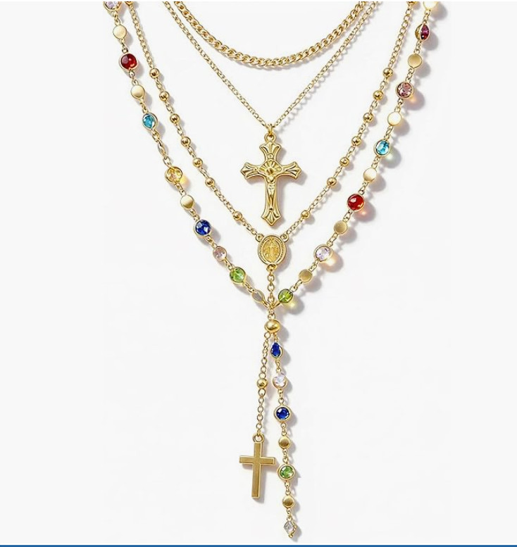 4PCS Layered Bohemian Bead Pearl Y Long Pendant Necklace Set Gold Cross Necklace