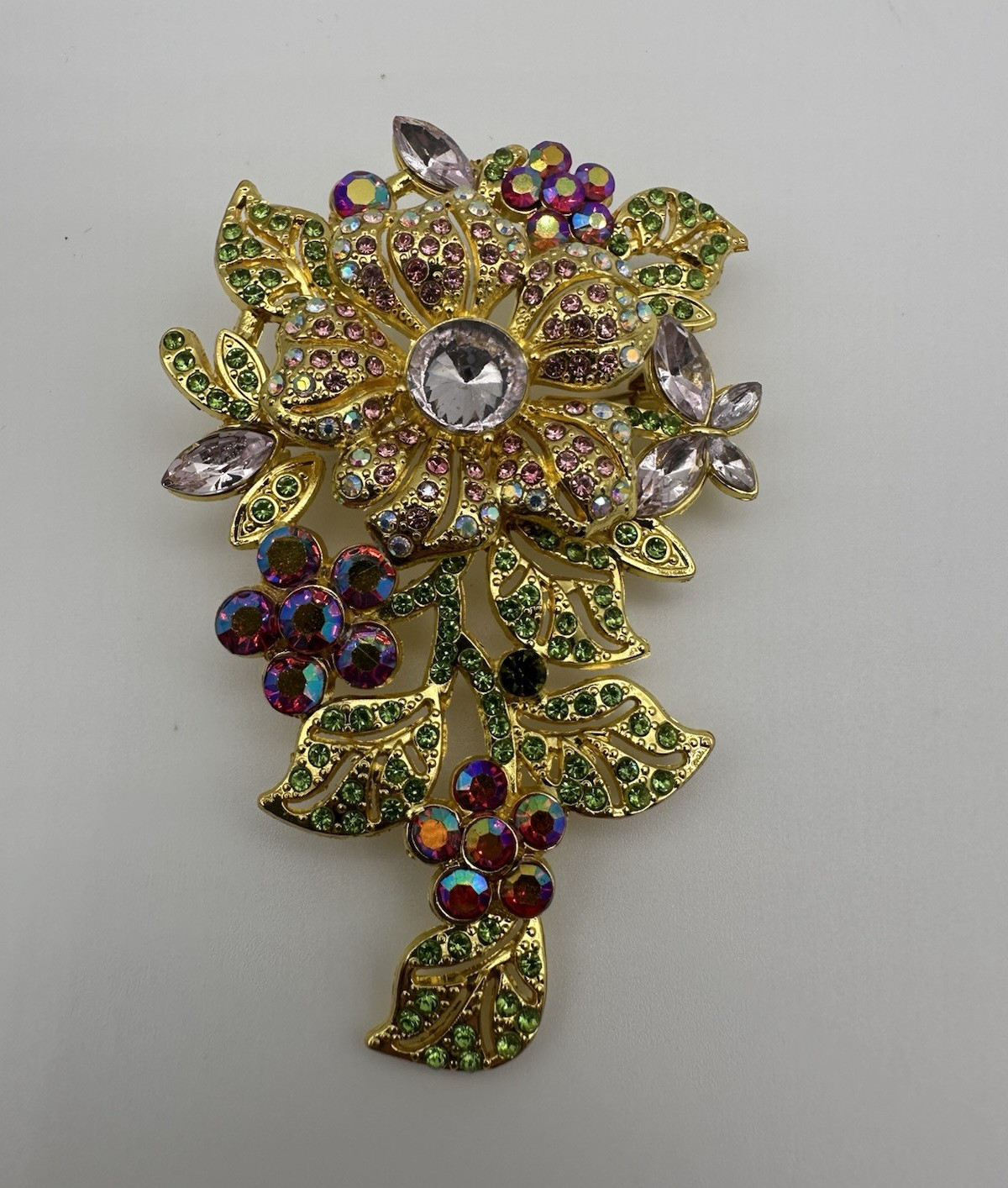 Gold Tone Flower Brooch Pin Metal Green Pink Clear Rhinestones