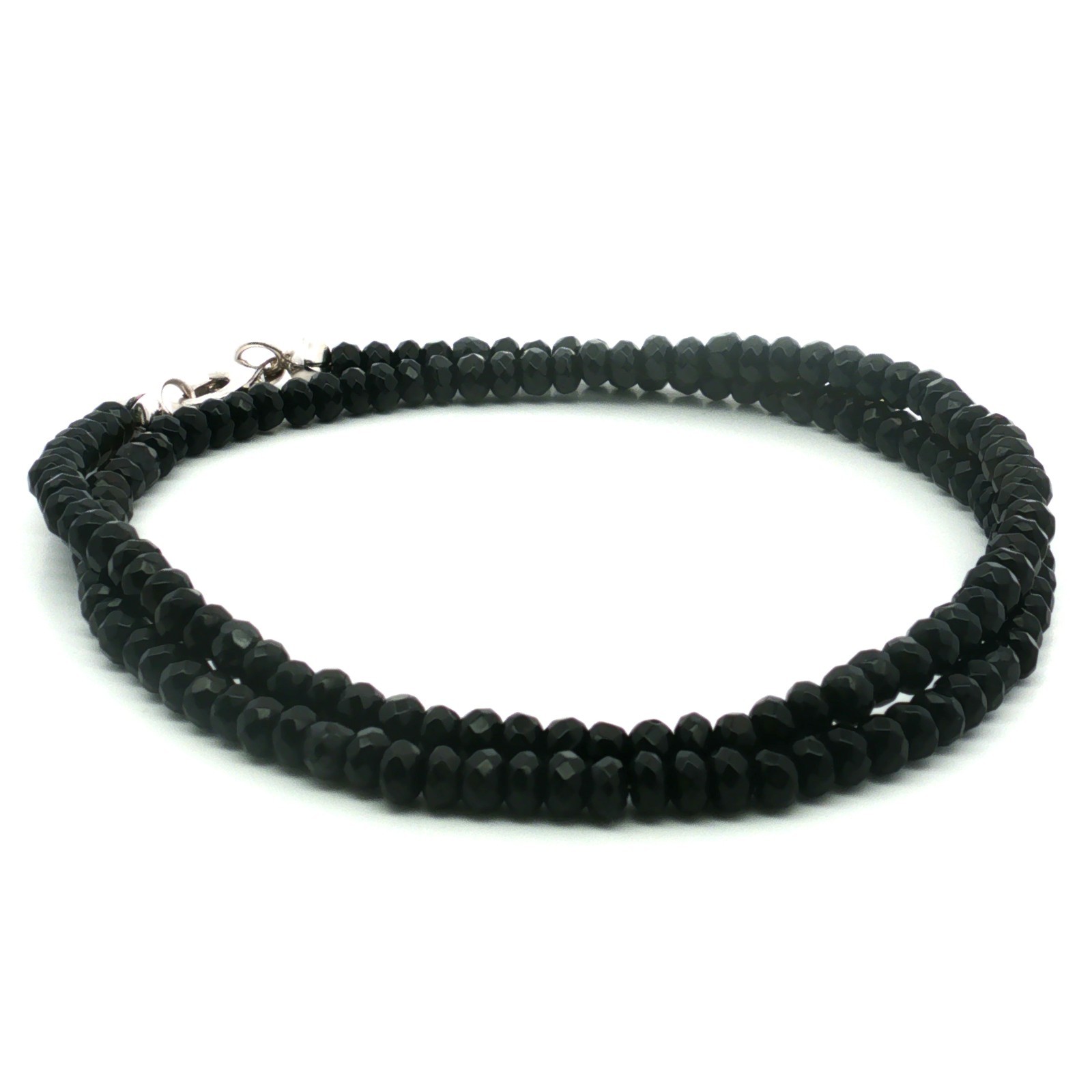 Natural Black Jade Faceted Beaded Necklace 45cm 925 Sterling Silver Rhodium