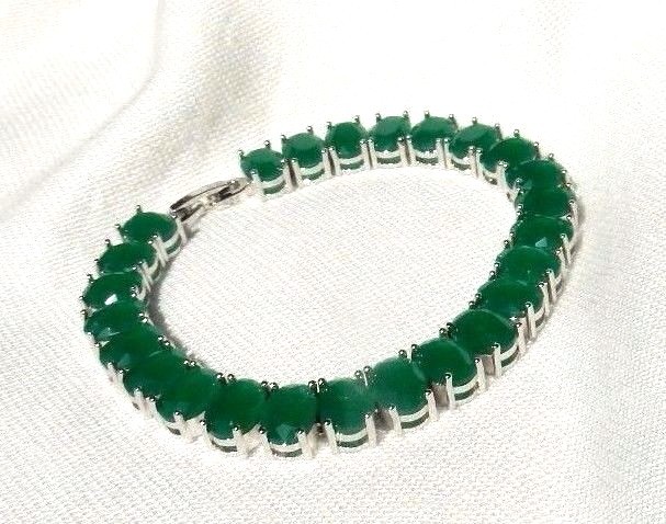 Emerald (Lab) Gemstone Silver-Filled Fashion Link Bracelet 7 3/4″ Bright