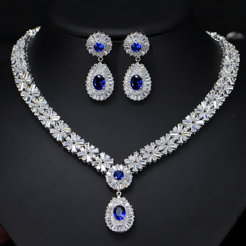 18k Gold CZ Snowflake Earrings Necklace for Brides Wedding Costume Jewelry Set