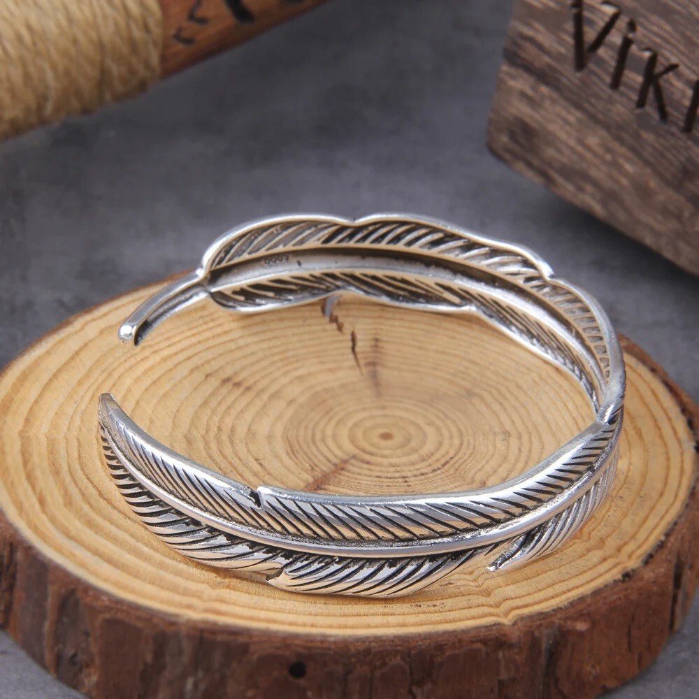 Retro Vintage Feather Cuff Bracelet Silver Alloy Steel Wrist Bangle Jewelry Gift