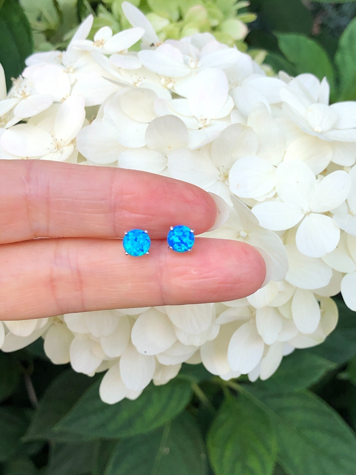 925 Sterling Silver Round Blue Opal Stud Earrings Dainty Studs 5.8mm