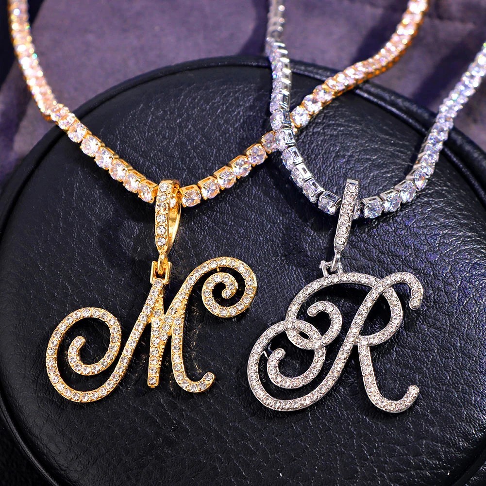 Personalized Cursive Initial Name Necklace Gold Silver CZ Hip Hop Pendant