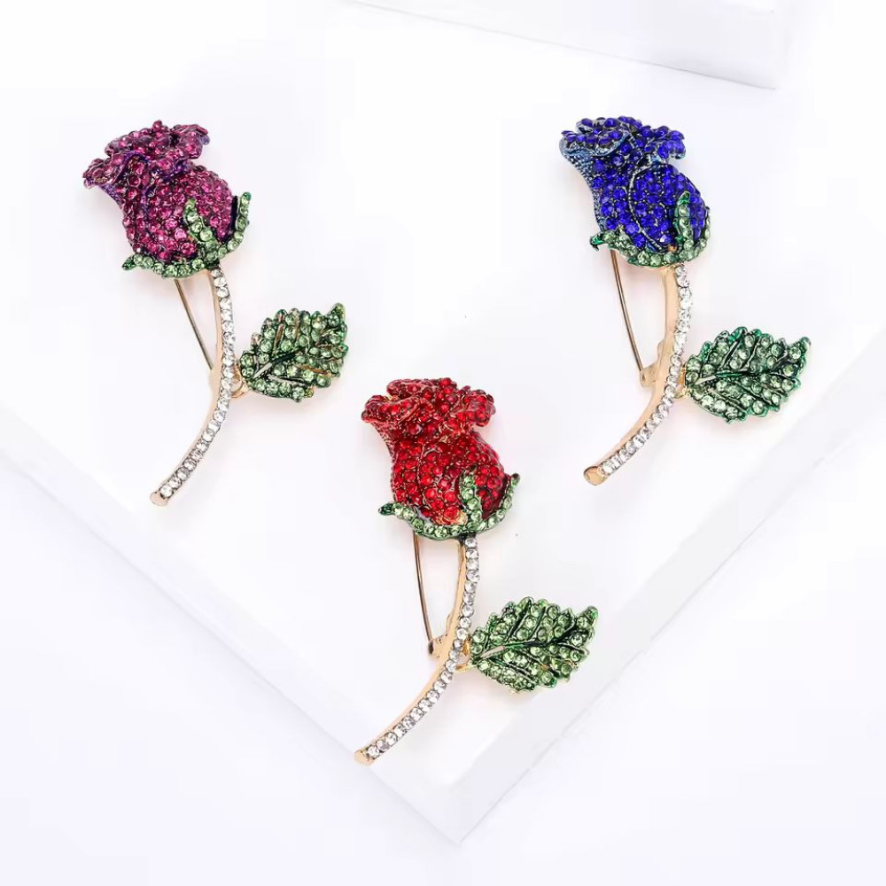 Luxury Sparkling Rhinestone Blue Rose Brooch Gold Crystal Flower Pin Jewelry Gif