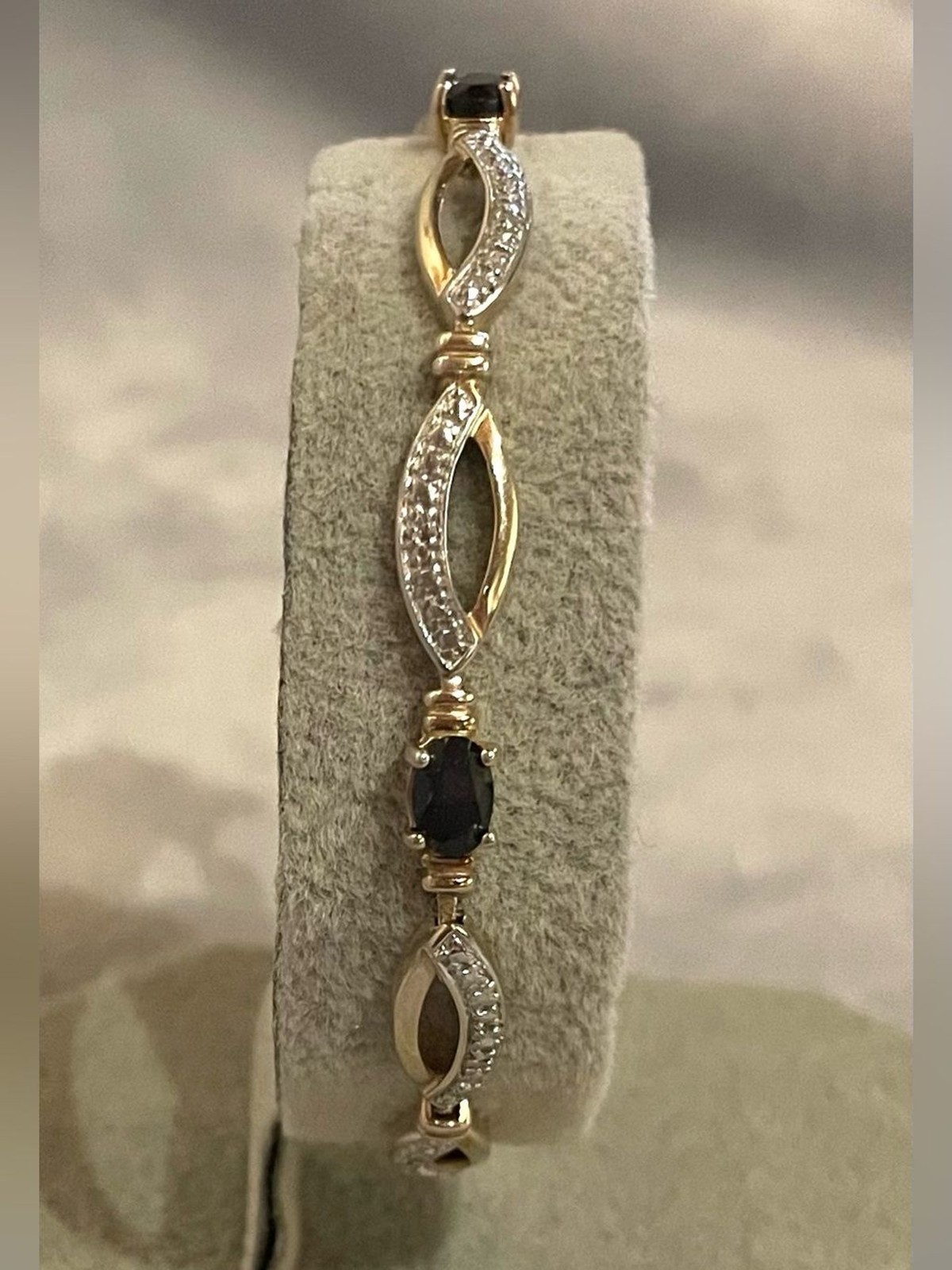 925 Sterling Silver Gold Plated Sapphire Diamond Accent Link Tennis Bracelet DL