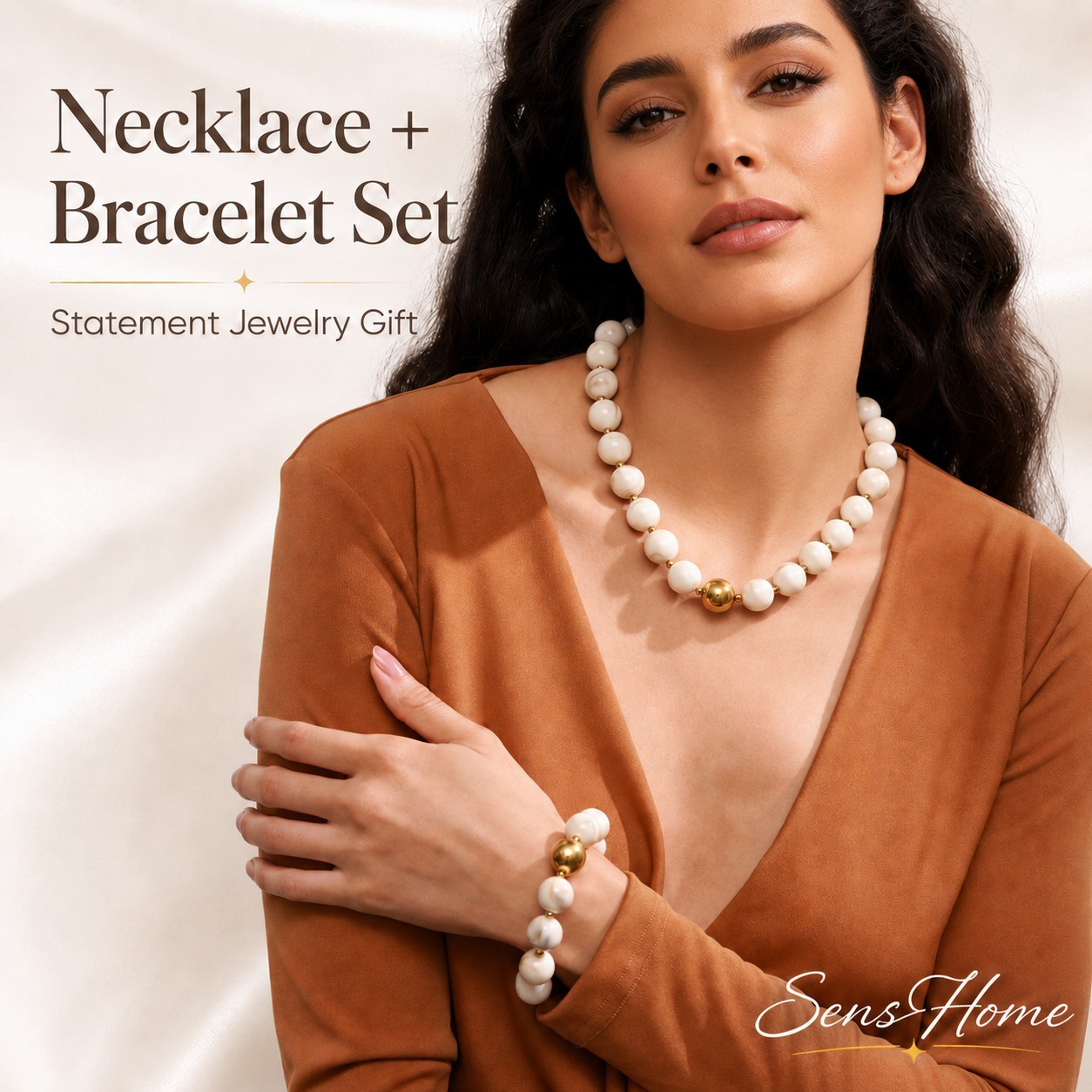 Resin Bead Necklace Bracelet Set Gold Tone Statement Jewellery Gift Women White
