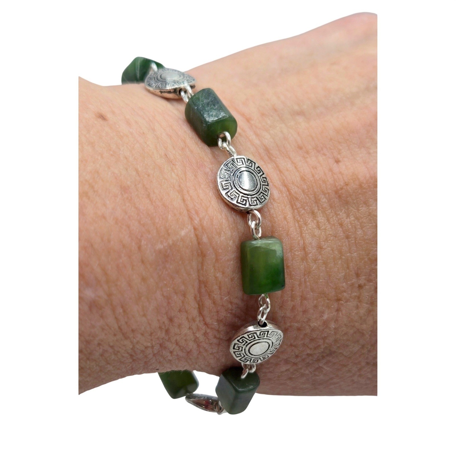 Boho Chic Green Jade & Silver Greek Key Link Bracelet Ethnic Adjustable