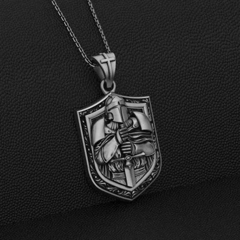 Knight Shield Necklace Crusader Warrior Jewelry Vintage Silvery Pendant Amulet