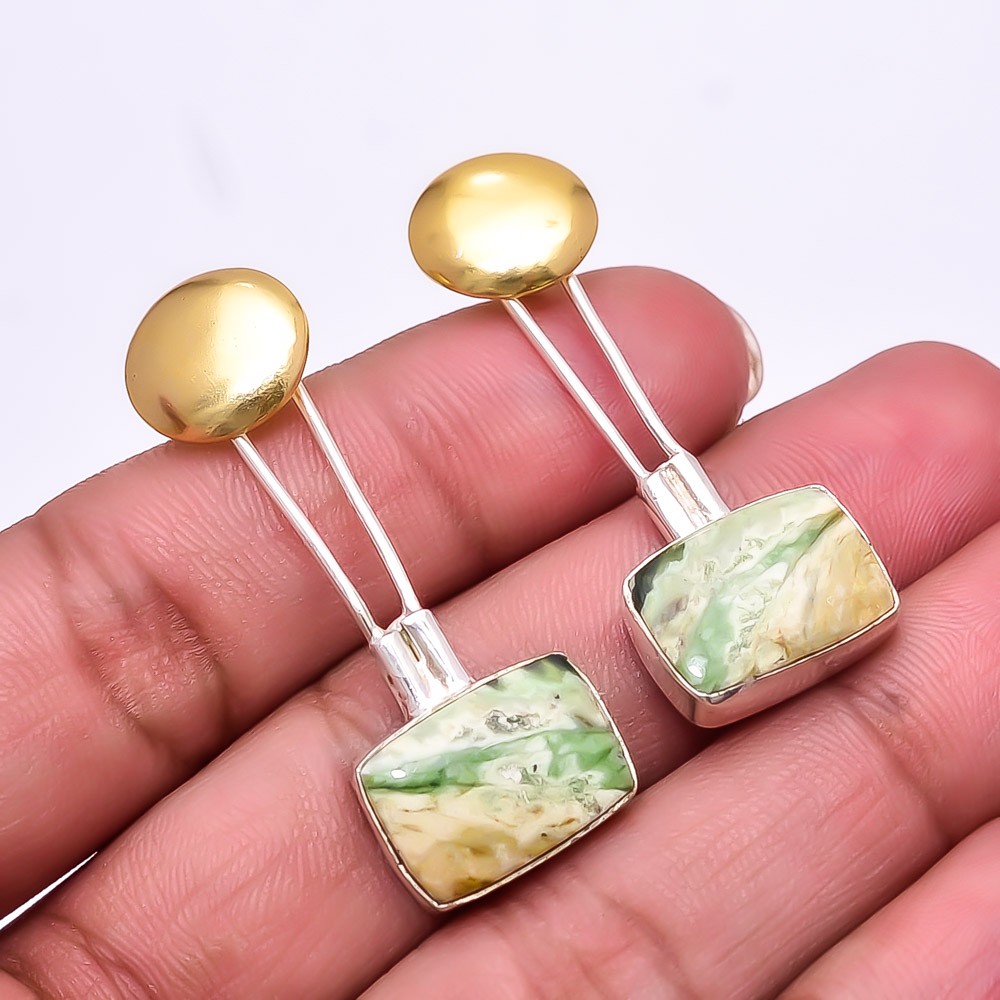 Chrome Chalcedony 925 Sterling Silver Two Tone Earring 1.64″ E40, Christmas Gift