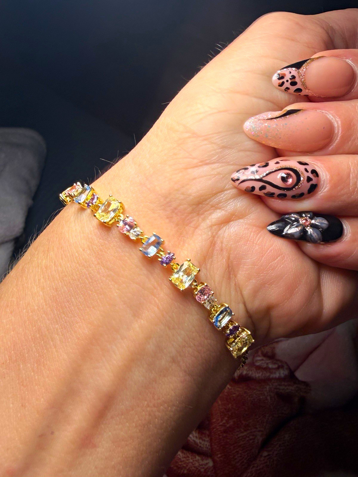 Gold-Tone Multicolor Crystal Tennis Bracelet Prong Set Rectangle Lobster Clasp