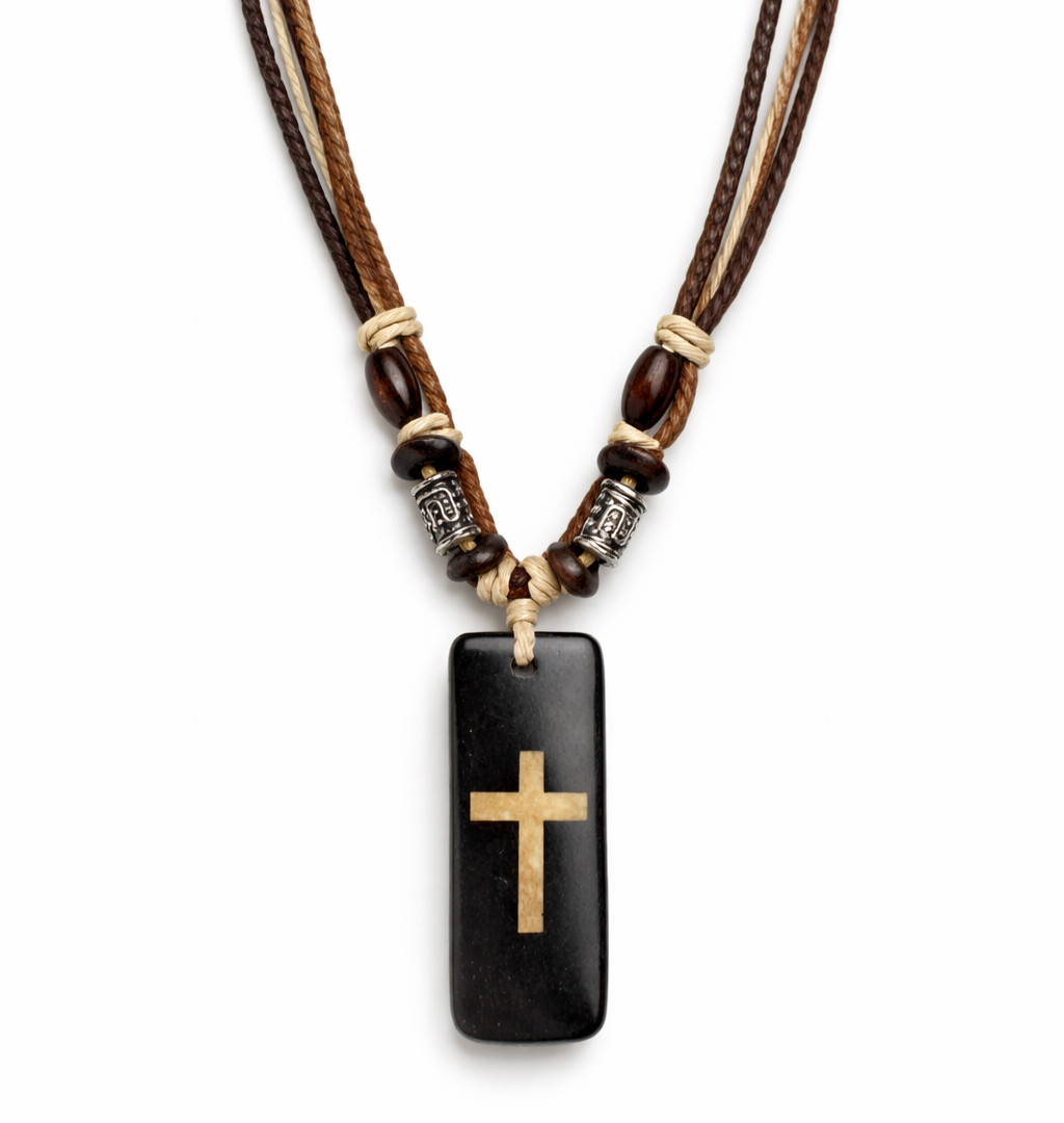 Boho Brown Cross Necklace Resin Pendant 1.75” | Multi Strand Earthy Cord
