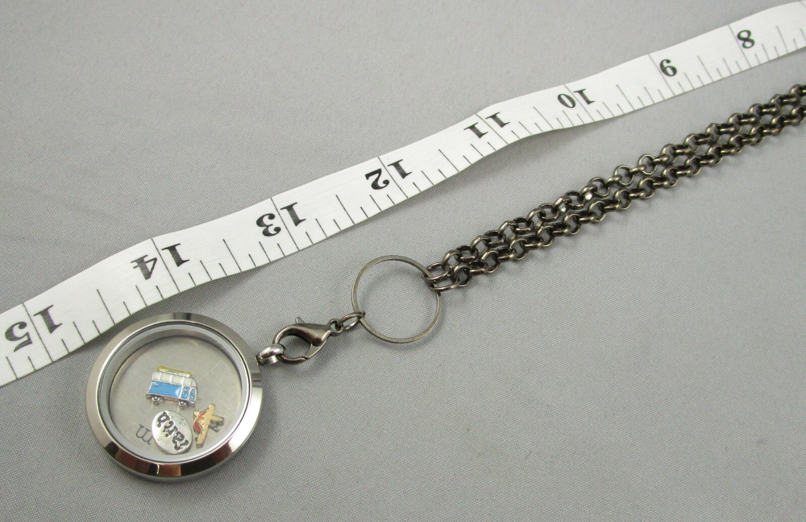 Dark Gray Colored Metal Link Chain Encased Charms Dream Faith Cross Bus Pendant