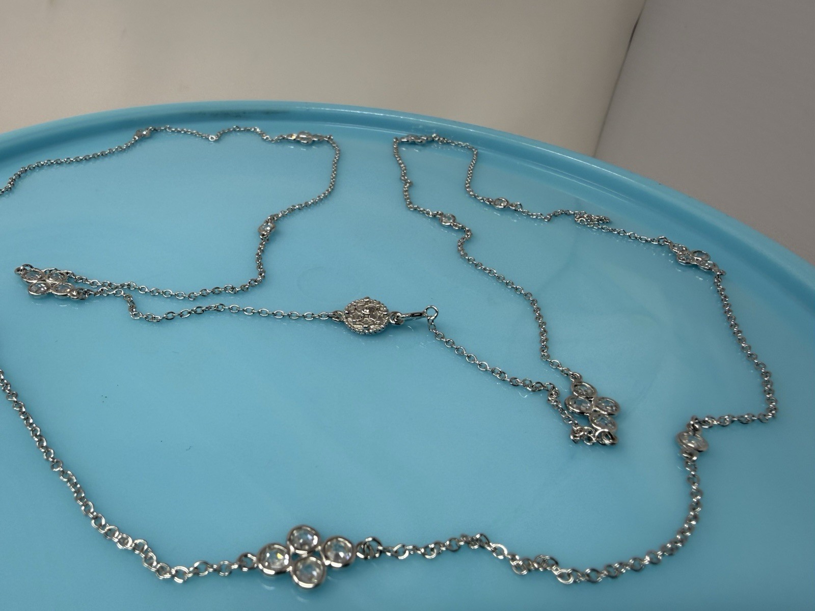 38.5” Designer Freida Rothman Sterling Silver CZ Cluster Station Necklace 8.7g