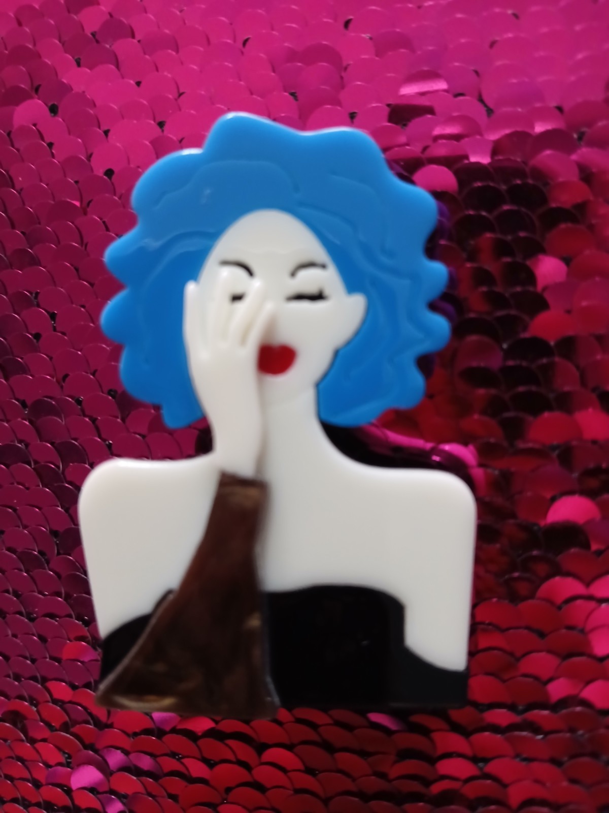 Vintage Style Ladies Head Brooch.blue hair strapless dress.Acrylic.3 Layers