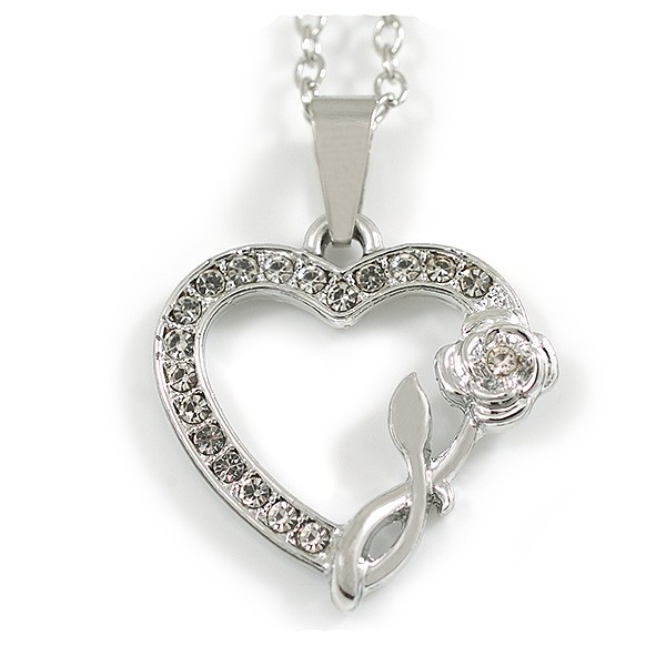Small Rose in The Heart Crystal Pendant with Silver Tone Chain – 42cm L/ 5cm Ext