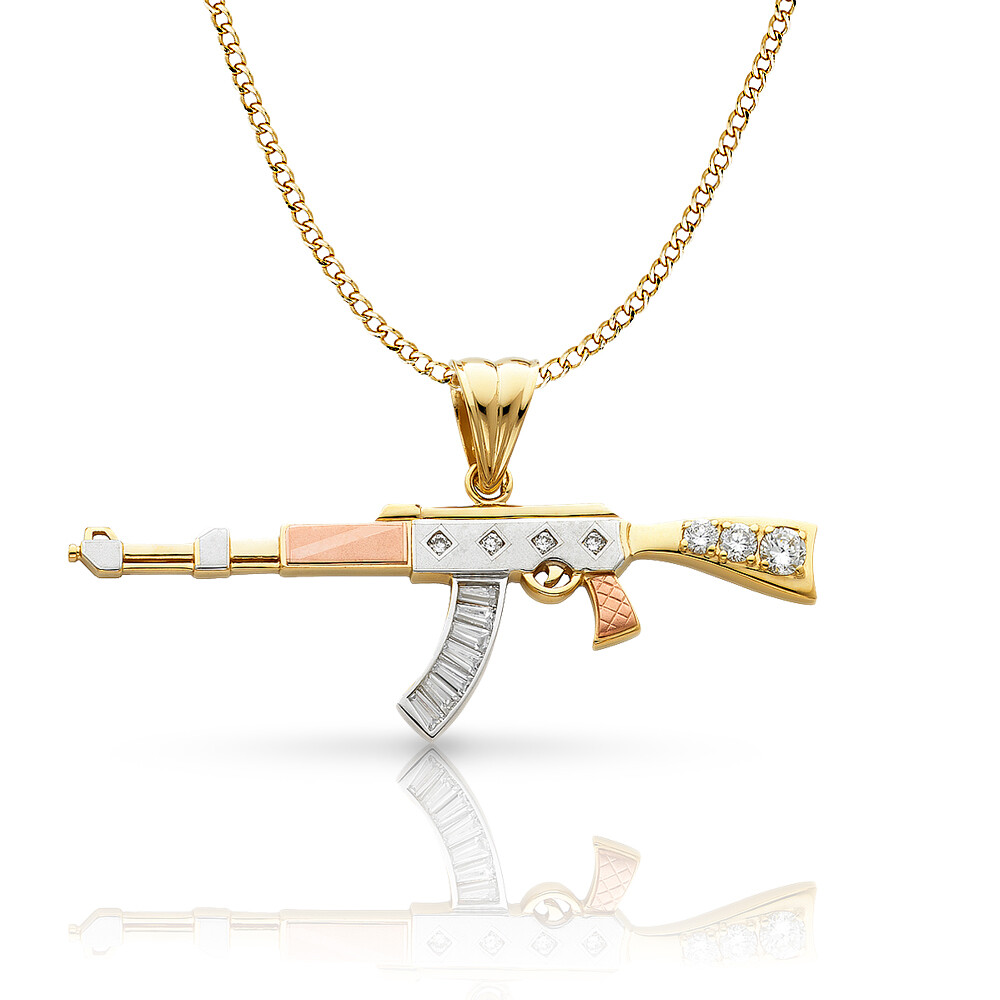 14K Tri Tone Gold CZ Rifle Gun Charm Pendant & 4.9mm Hollow Cuban Chain Necklace