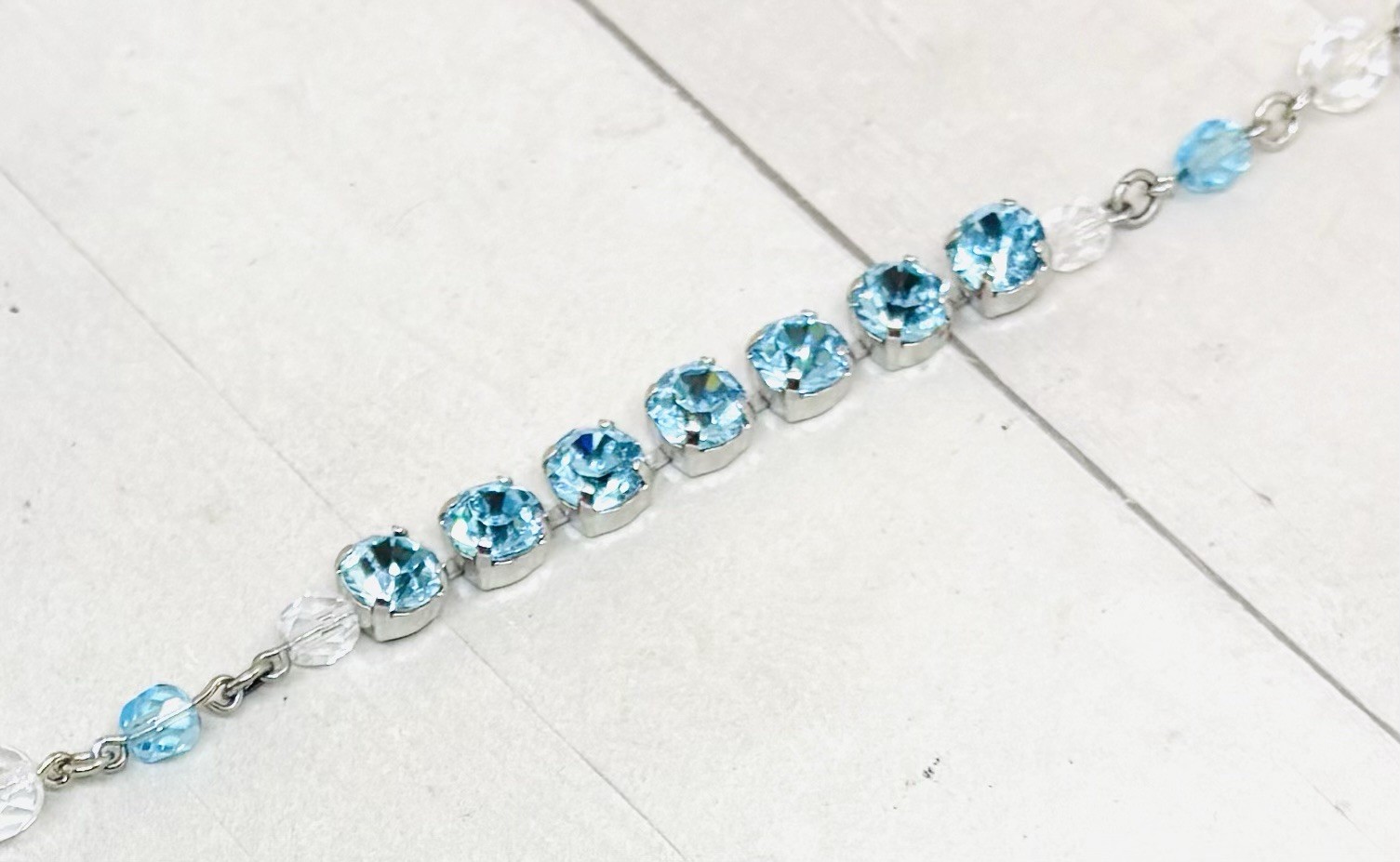 8mm Shiny Silver Plated Beaded Aquamarine Tennis Cup Chain Bracelet