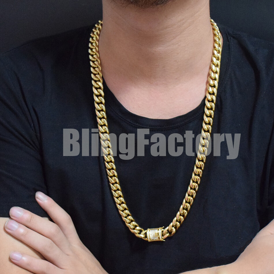 Hip Hop Iced Box Lock Stainless Steel 10mm 12mm Miami Cuban Link Chain Necklace
