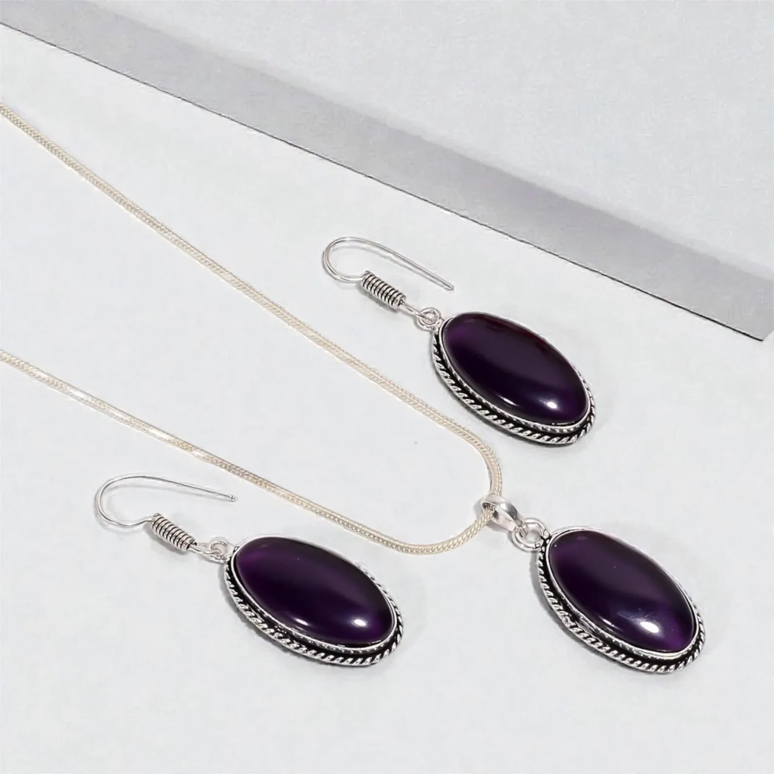 925 Sterling Silver Purple Amethyst Pendant & Earring Set Oval Cabochon