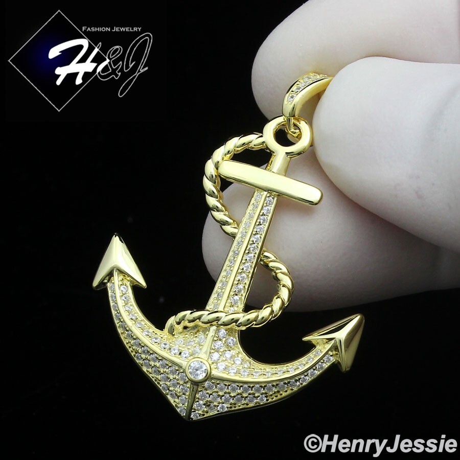 MEN WOMEN 925 STERLING SILVER ICY BLING CZ 3D GOLD PLATED ANCHOR PENDANT*GP449