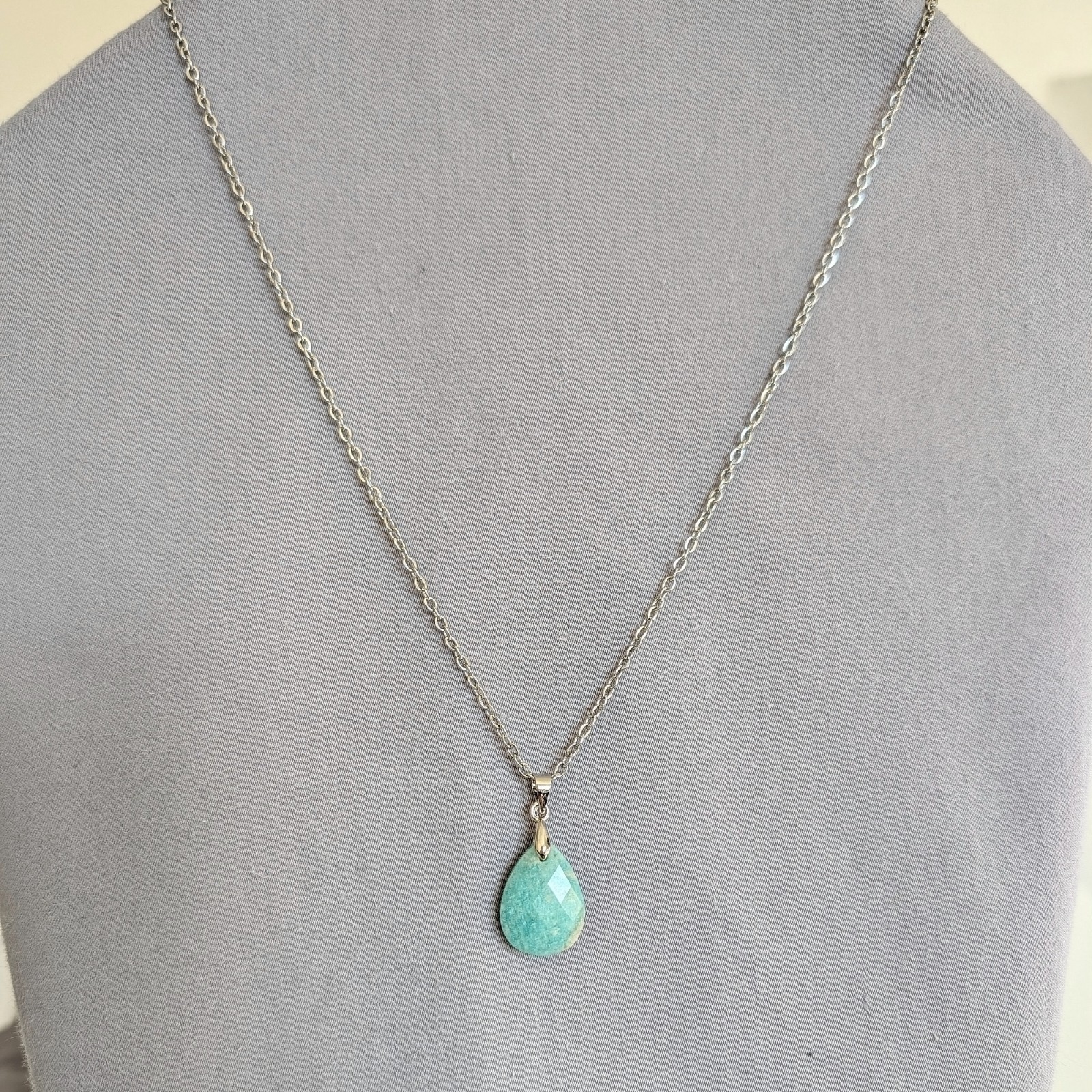 Amazonite Pendant Necklace, Sky River Natural Stone, Stainless Steel Chain