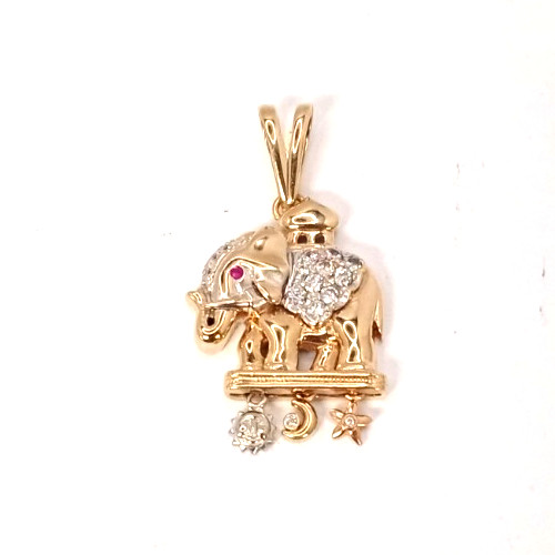 MA2) Unisex 14k Tr-Colored Gold 10.1 Grams CZ “Elephant” Charm Pendant – Sz 1.5″