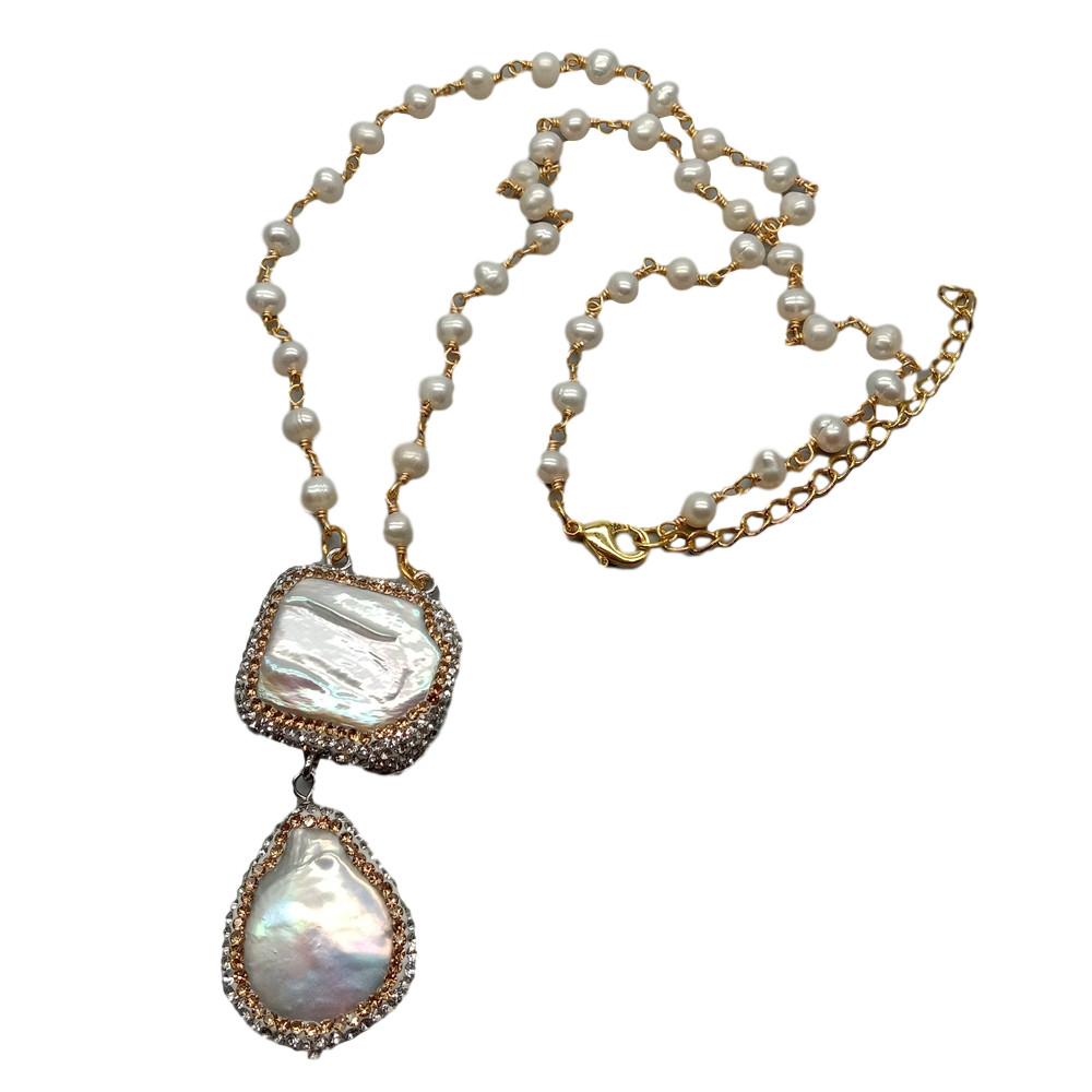 20″ Freshwater Cultured White Pearl Rosary Chain Necklace Keshi Pearl Pendant