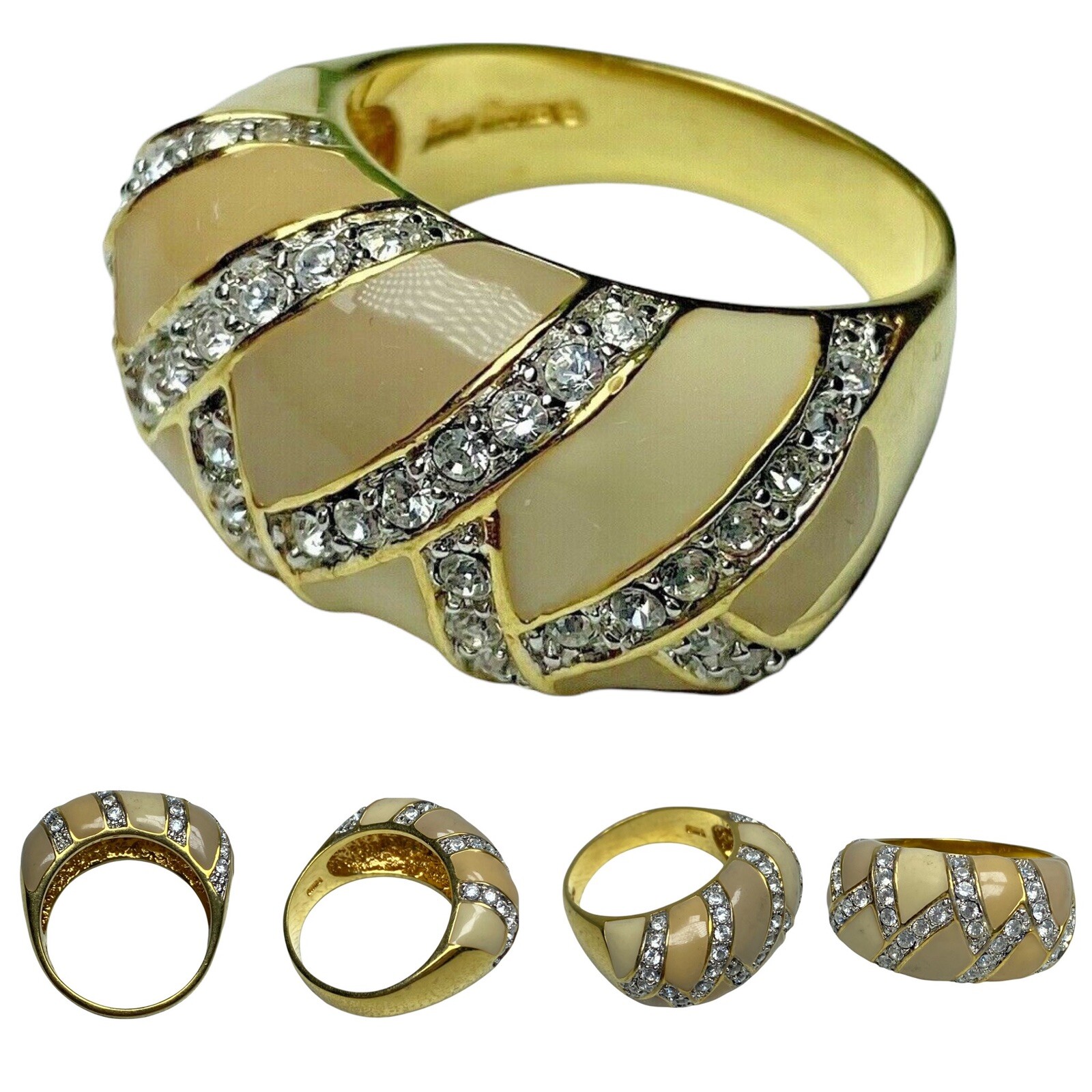 Signed JOAN RIVERS Thick Enamel Rhinestone Ring Gold Tan Beige PICK SIZE 6-7-8-9