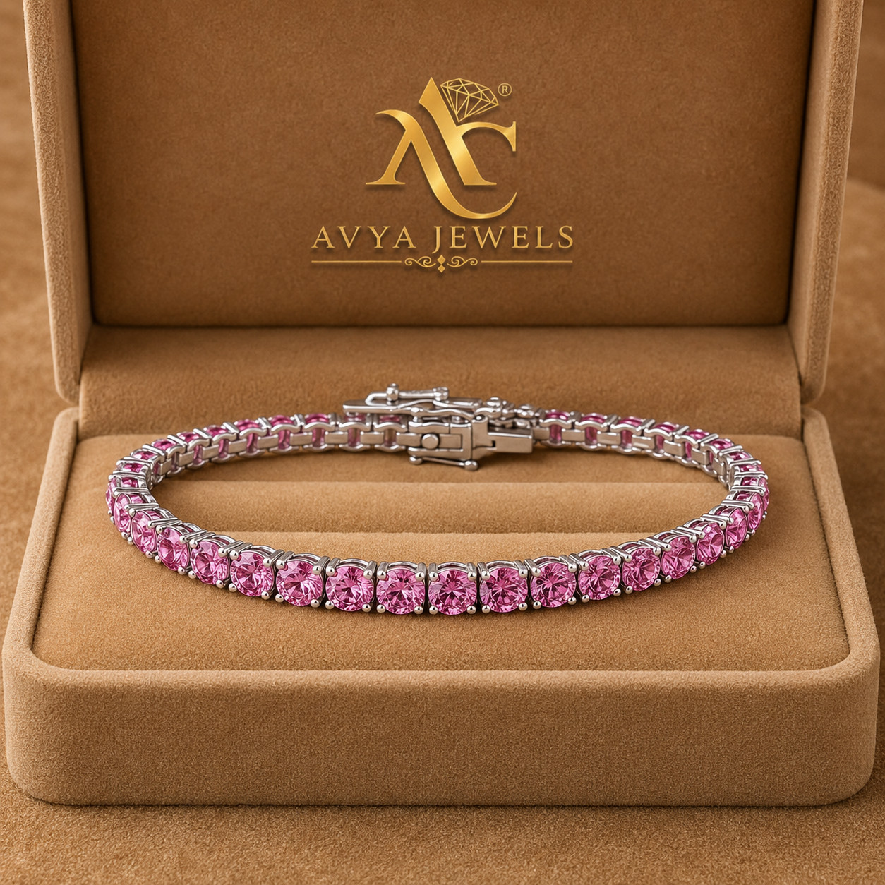 5MM Round LabCreted Pink Sapphire Tennis Bracelet 925Silver 14k WhiteGold Plated