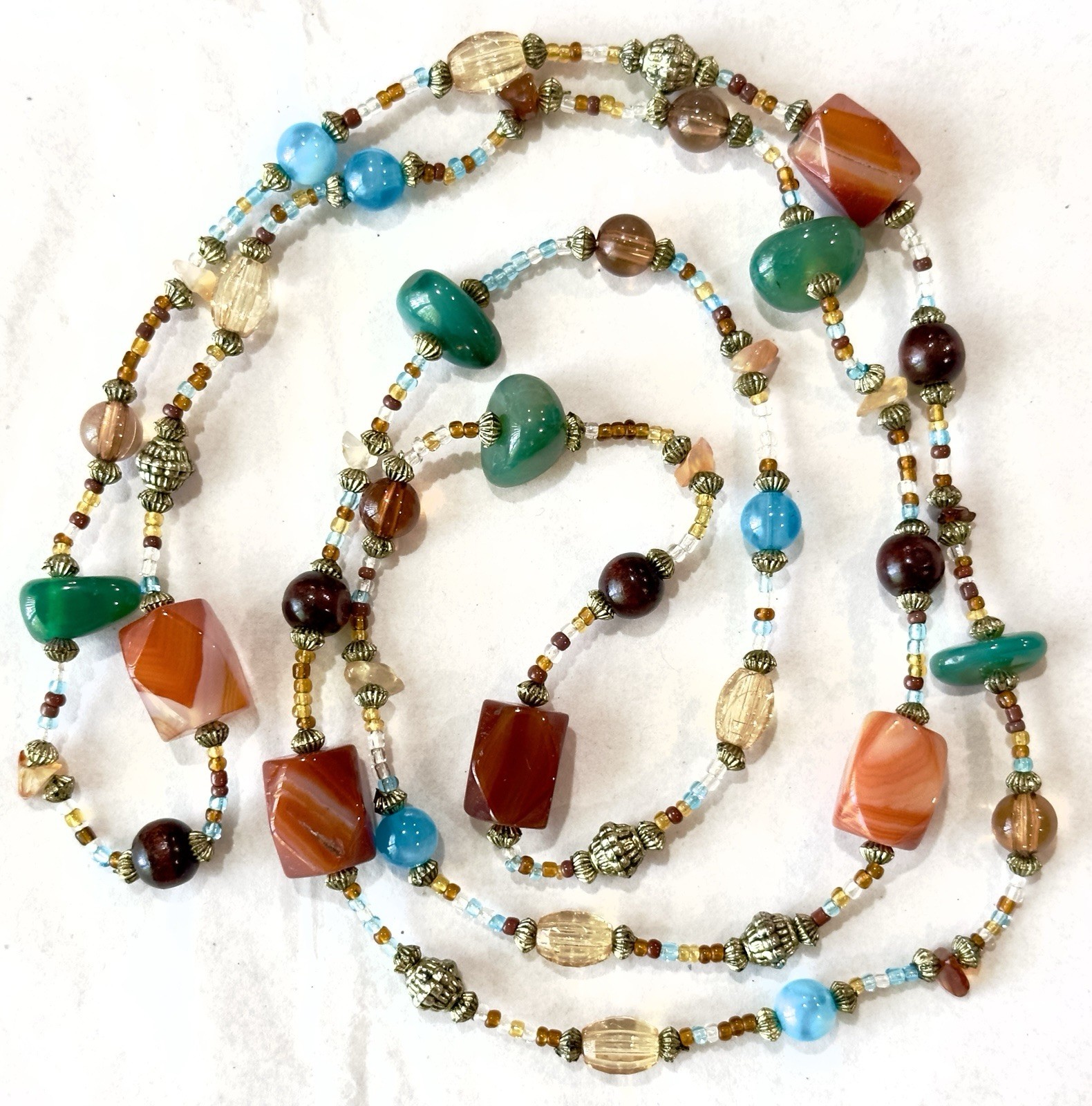 Agate Gemstone Bead Necklace 42” Multicolor Stone Glass Metal & Seed Beads Boho