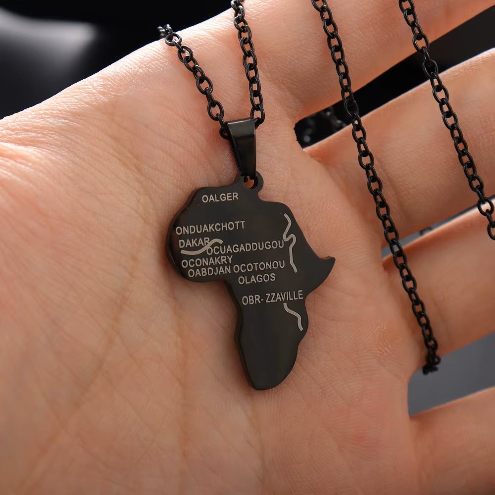 Black Africa Map Pendant Necklace, Capital Cities Stainless Steel Jewelry