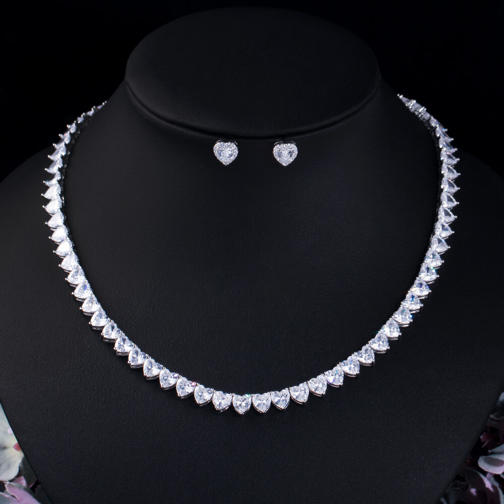 Silver Plated Long Drop Earrings Wedding Necklace Cubic Zirconia CZ Jewelry Set