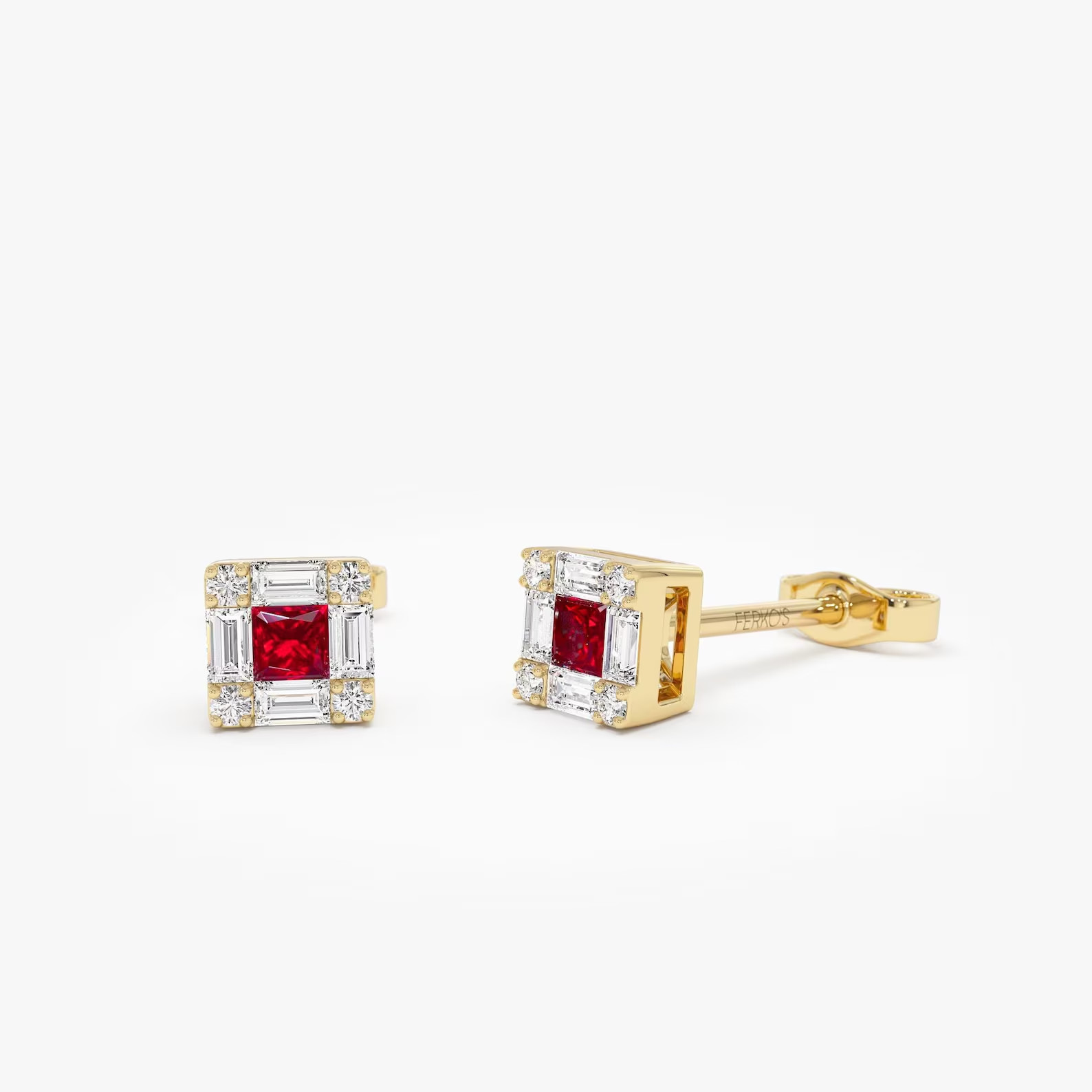 2.26 Ct Princess Simulated Ruby Stud Small Earrings 14k Yellow Gold Plated Over