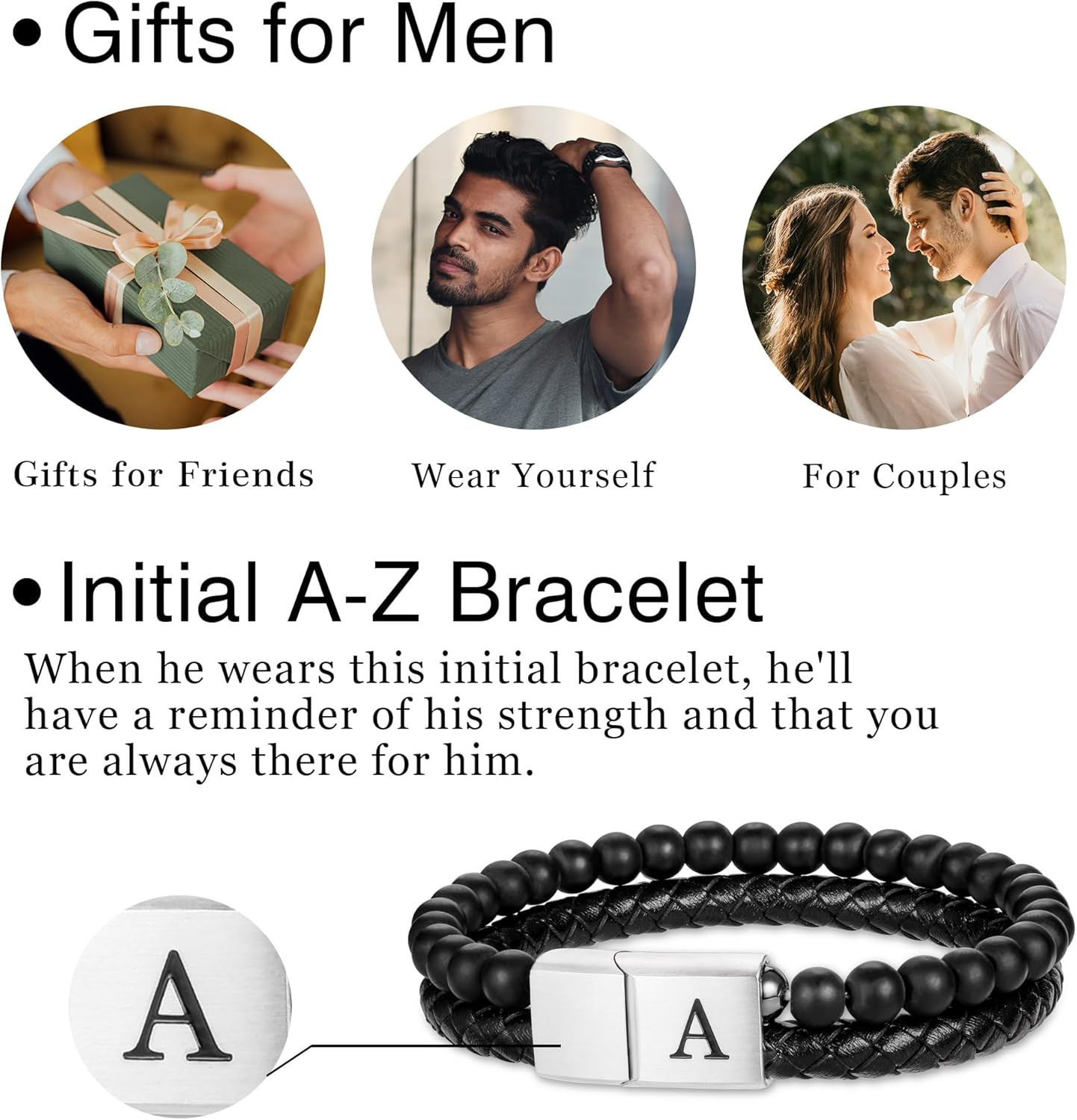 Pulsera de cuero con cuentas y inicial de 6 mm