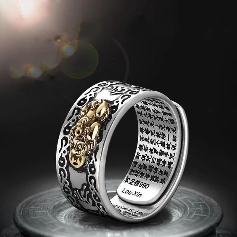 Feng Shui Pixiu Adjustable Ring Buddhist Mantra Attract Wealth Lucky Ring Charm